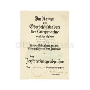 Document Zerstörer Kriegsabzeichen - Z29 - Leo Kreisch