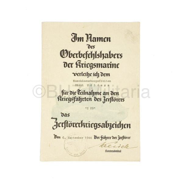 Document Zerstörer Kriegsabzeichen - Z29 - Leo Kreisch