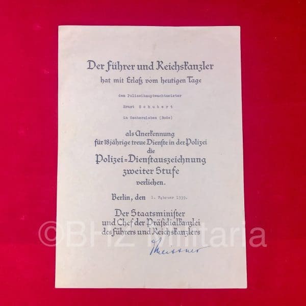 Document Polizei Dienstauszeichnung 18 Jahr - Zweiter Stufe