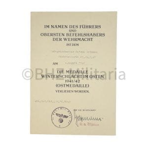 Winterschlacht im Osten 1941/42 Urkunde