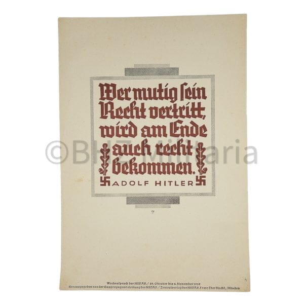 Wochenspruch der NSDAP 29. Oktober 1939 - Adolf Hitler