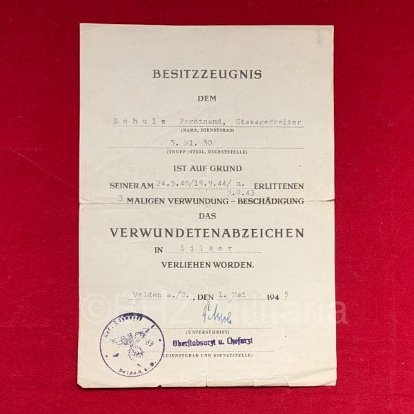 Besitzzeugnis Verwundentenabzeichen Schwarz & Silber