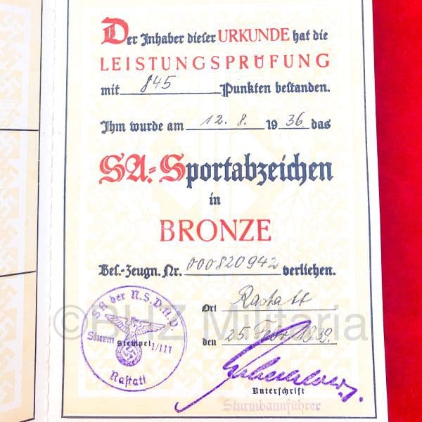 SA Sportabzeichen - Urkunde SA Sportabzeichen - SA Schießbuch
