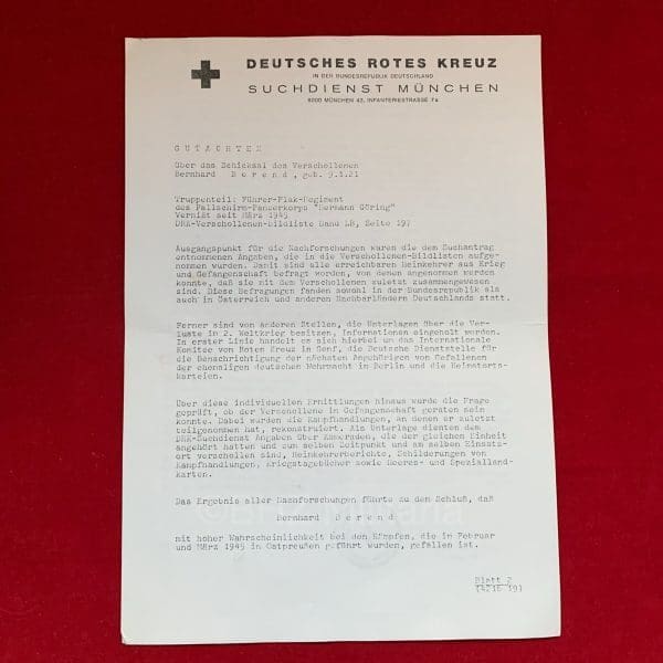 EK2 Document Führer Flak Abteilung & Fallschirm Panzerkorps Hermann Göring