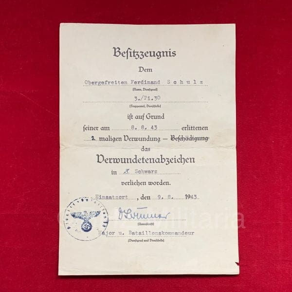 Besitzzeugnis Verwundentenabzeichen Schwarz & Silber