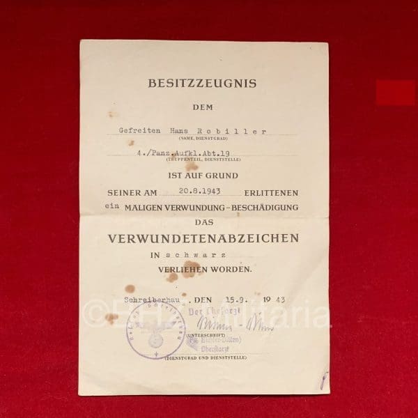 Verleningsdocument Verwundentenabzeichen Schwartz