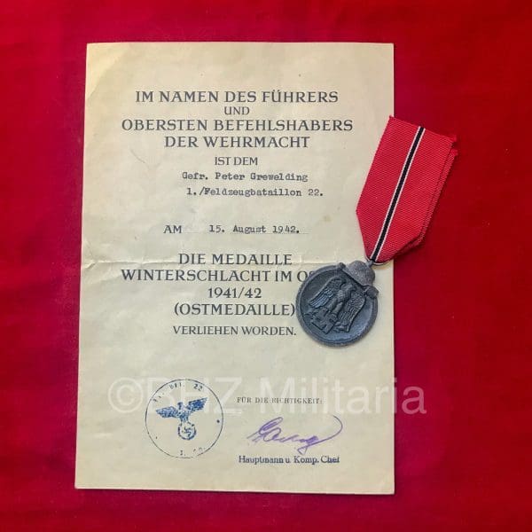 Ostmedaille 76 Ernst L. Müller + Document Feldzeugbataillon