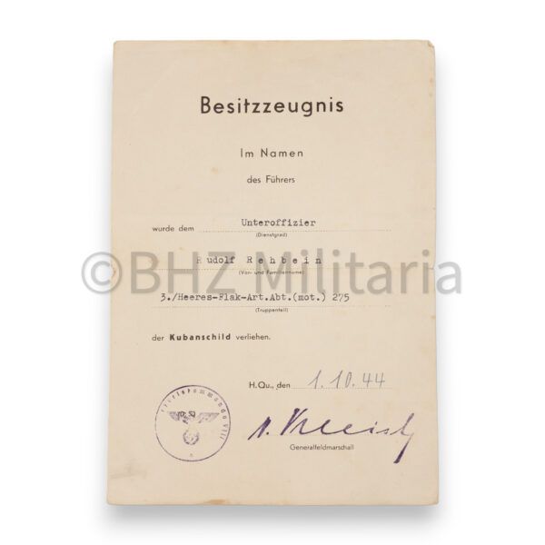 kuban schild met bestitzzeugnis, feldpost en meer