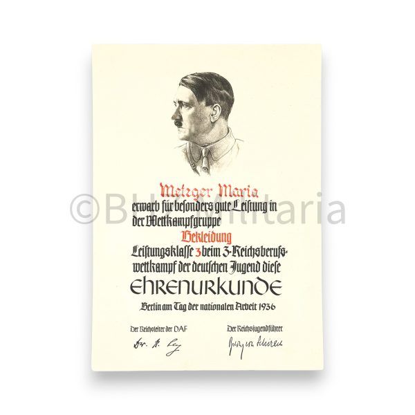 ehrenurkunde 3. reichsberufswettkampf der deutschen jugend 1936