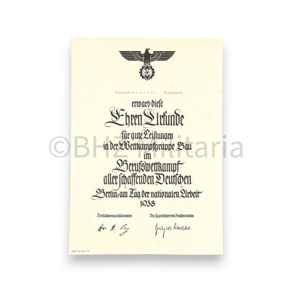 ehrenurkunde reichsberufswettkampf der deutschen jugend 1938