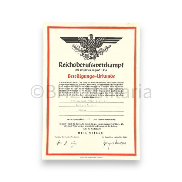 beteiligungs urkunde reichsberufswettkampf der deutschen jugend 1934