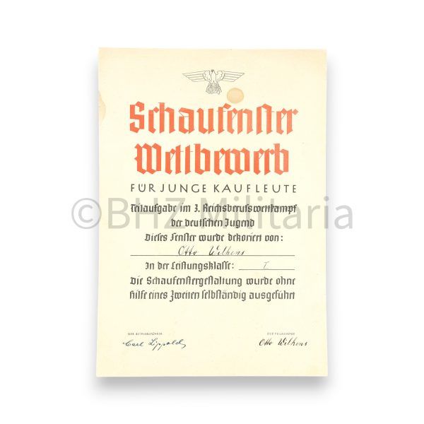 ehren urkunde 3. reichsberufswettkampf der deutschen jugend