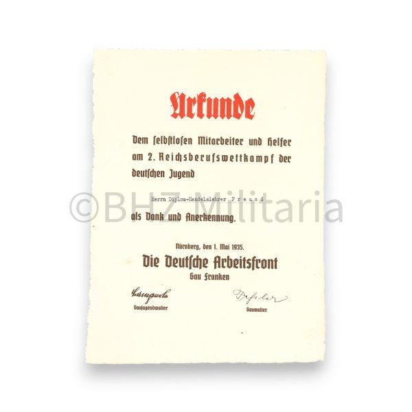 urkunde mitarbeiter 2. reichsberufswettkampf der deutschen jugend