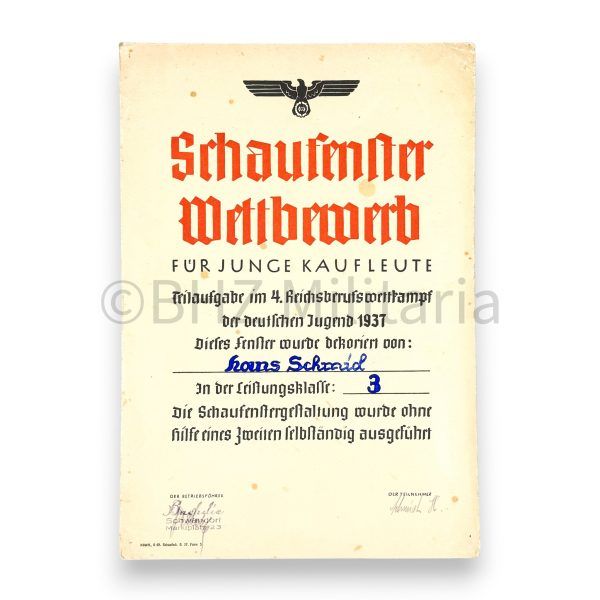beteiligungs urkunde 4. reichsberufswettkampf der deutschen jugend 1937