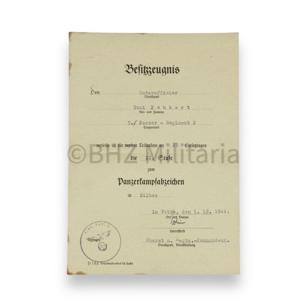 besitzzeugnis 2e stufe panzerkampfabzeichen silber met foto's en brief 22
