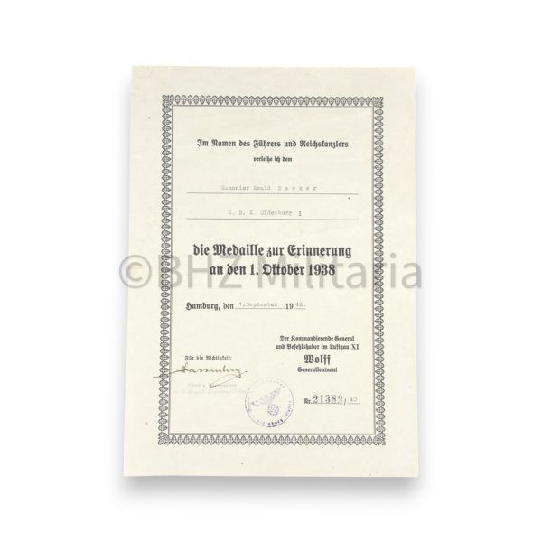 anschlussmedaille 1. oktober 1938 met oorkonde en ansichtkaart