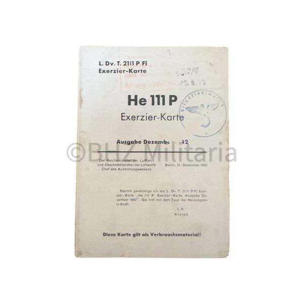 l.dv. t 2111 p/fl exerzier karte he 111 ausgabe dezember 1942 (zeldzaam)