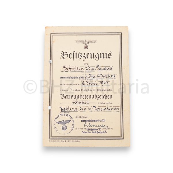 besitzzeugnis verwundetenabz schwarz 6 juni 1940