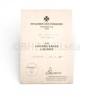 oorkonde ijzeren kruis 1939 2e klasse 1944