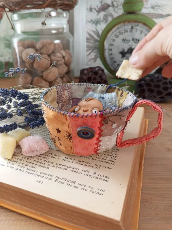 Doll interior Tea bag with a cup Rozochka