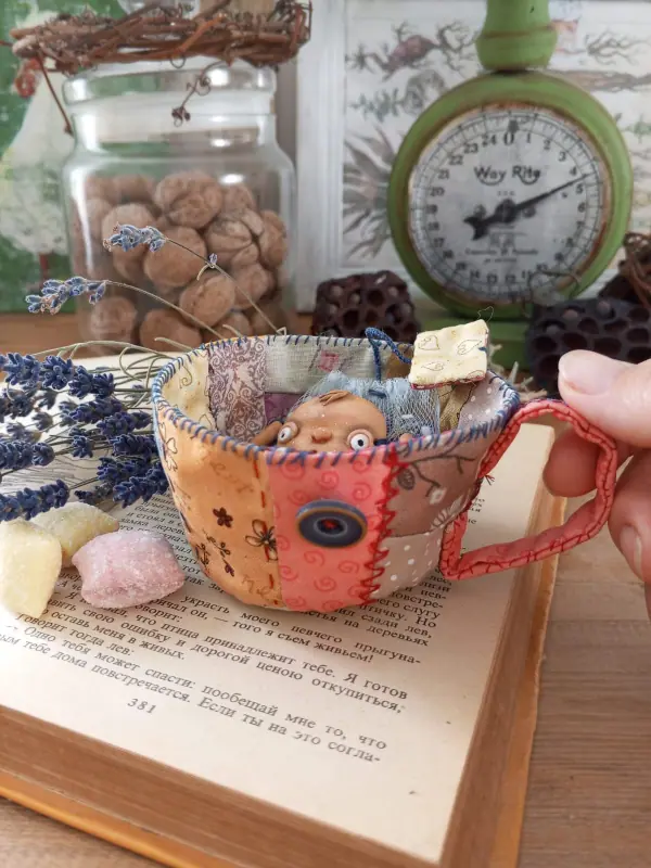 Doll interior Tea bag with a cup Rozochka