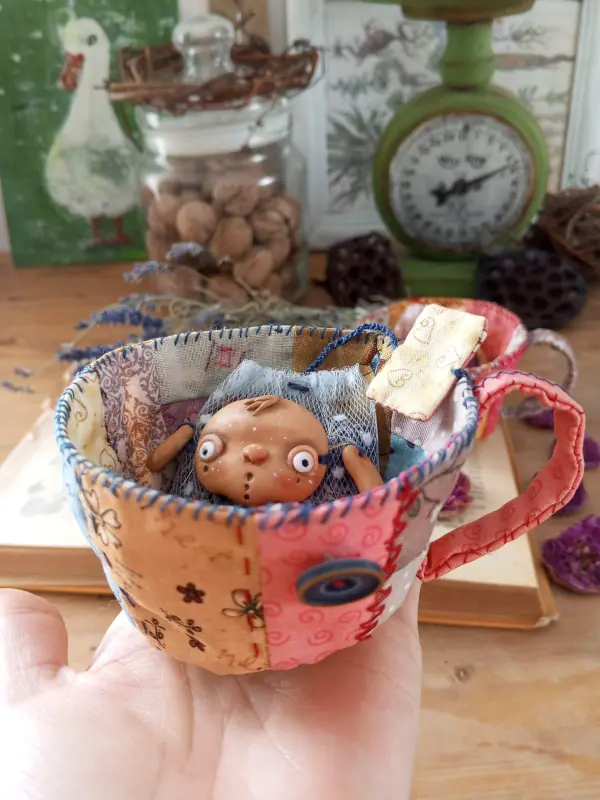 Doll interior Tea bag with a cup Rozochka