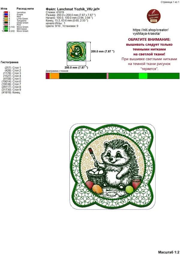 Дизайн машинной вышивки Ланчмат Пасхальный ежик