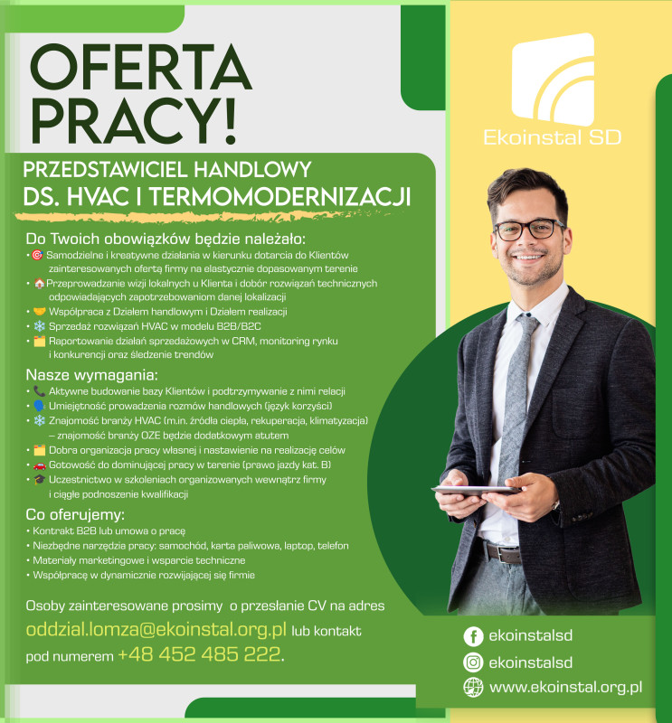 Ogłoszenia Ostrów Mazowiecka  przedstawiciel-handlowy-ds-hvac-i-termomodernizacji