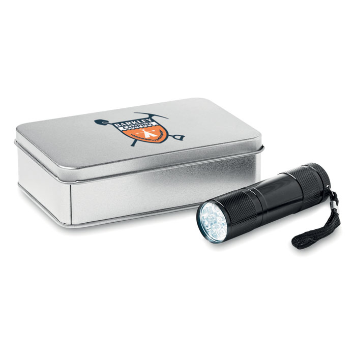 LED torch in tin box Nero item picture printed