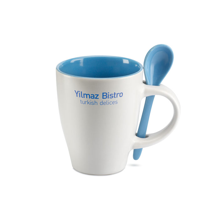 Bicolour mug with spoon 250 ml blue item picture printed