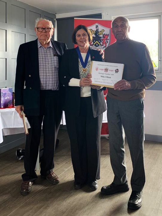 Pictured (left to right) are Roger Halstead. the club&rsquo;s media manager; Ginny Alexander, a former Mayor of Oldham, who made the presentation; and the man of the moment, former Roughyeds winger Mike Elliott.