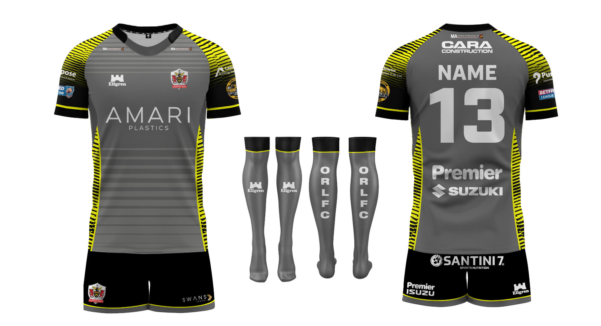 The Oldham RLFC Away Kit 2023 featuring a grey shirt with bright yellow trim and black shorts.  The socks are grey