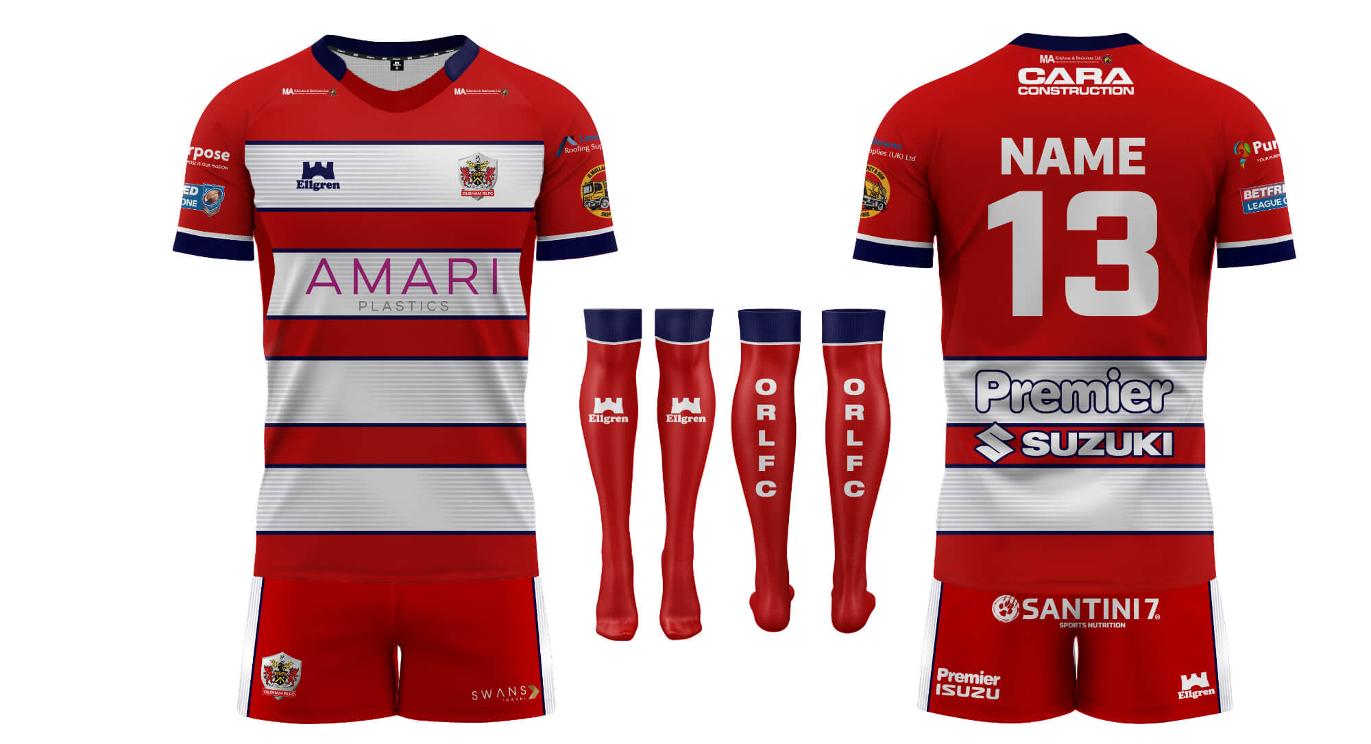 The Oldham RLFC Home Kit 2023 featuring red and white hoops with red socks and shorts
