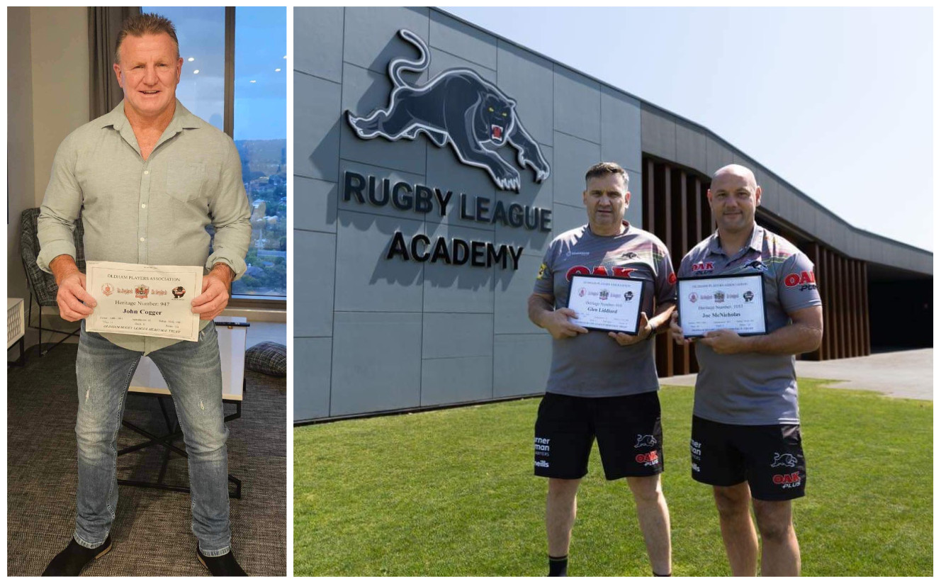 Remember these guys? Who could ever forget them? John Cogger (left) and Glen Liddiard and Joe McNicholas (right), both of whom are on the staff at NRL Grand Final winners Penrith Panthers in Australia, proudly display their Oldham RLFC Heritage Certificates, proof of their terrific contribution to Roughyeds as former players.