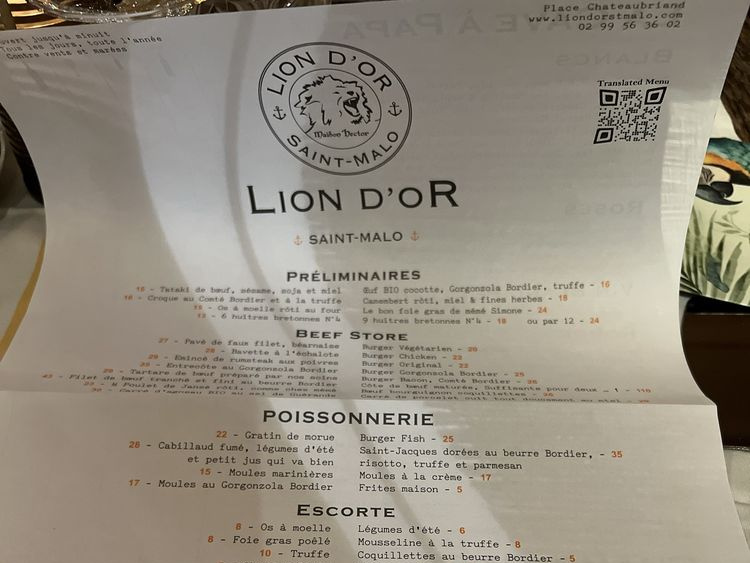 Le Lion D&rsquo;Or Menu