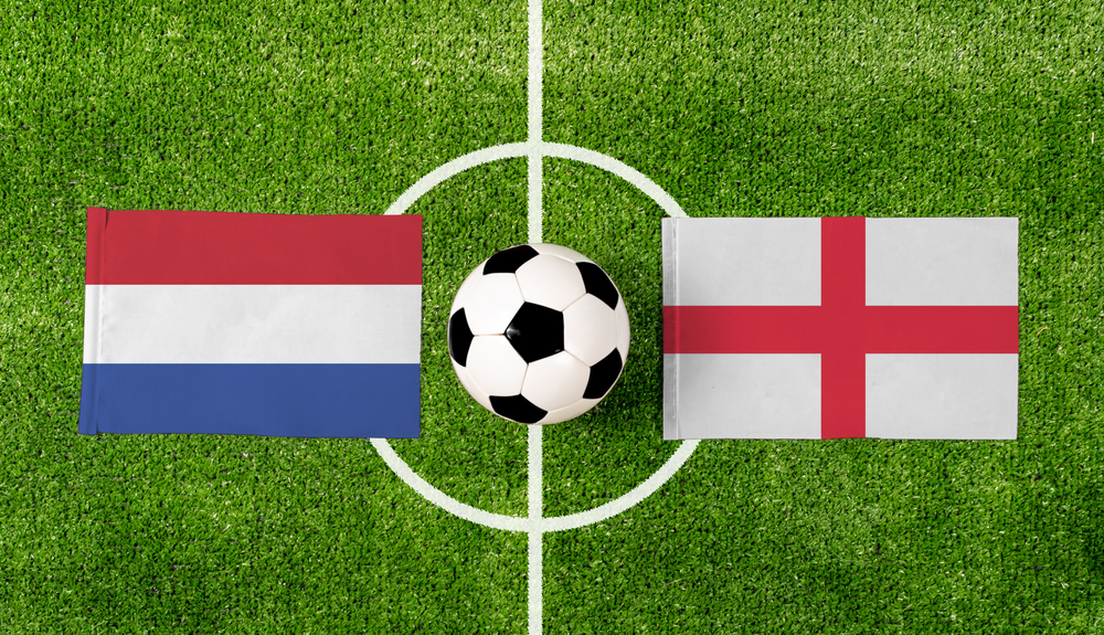 Top,View,Ball,With,Netherlands,Vs.,England,Flags,Match,On