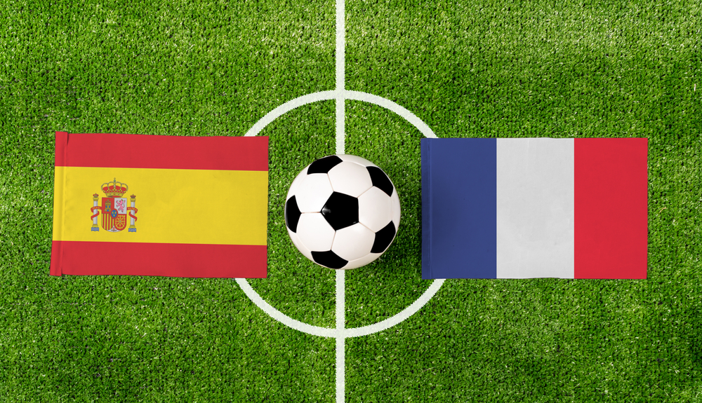 Top,View,Soccer,Ball,With,Spain,Vs.,France,Flags,Match