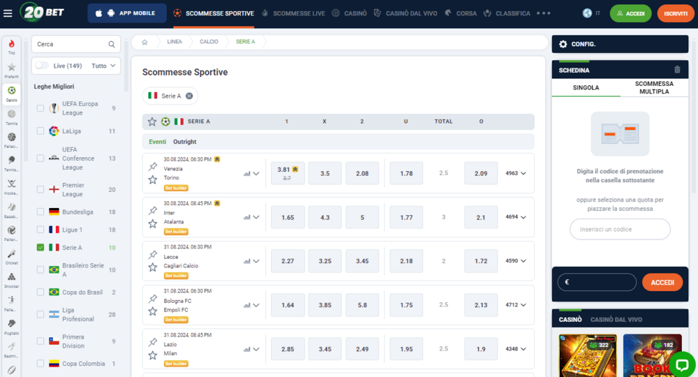 Scommettere,Sulla,Serie,A,Con,20Bet,Screenshot,Della,Pagina,Serie,A,Dal,Sito,Di,20Bet