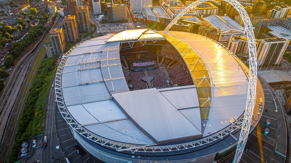 Aerial,View,Of,Concert,At,Wembley,Stadium,At,Sunset,In