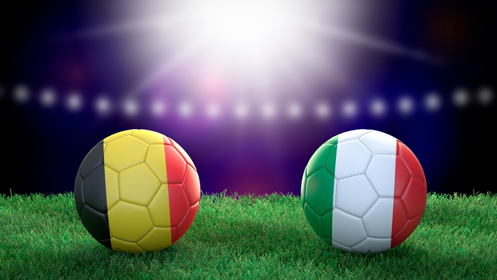 Two,Soccer,Balls,In,Flags,Colors,On,Stadium,Blurred,Background,Belgio-Italia