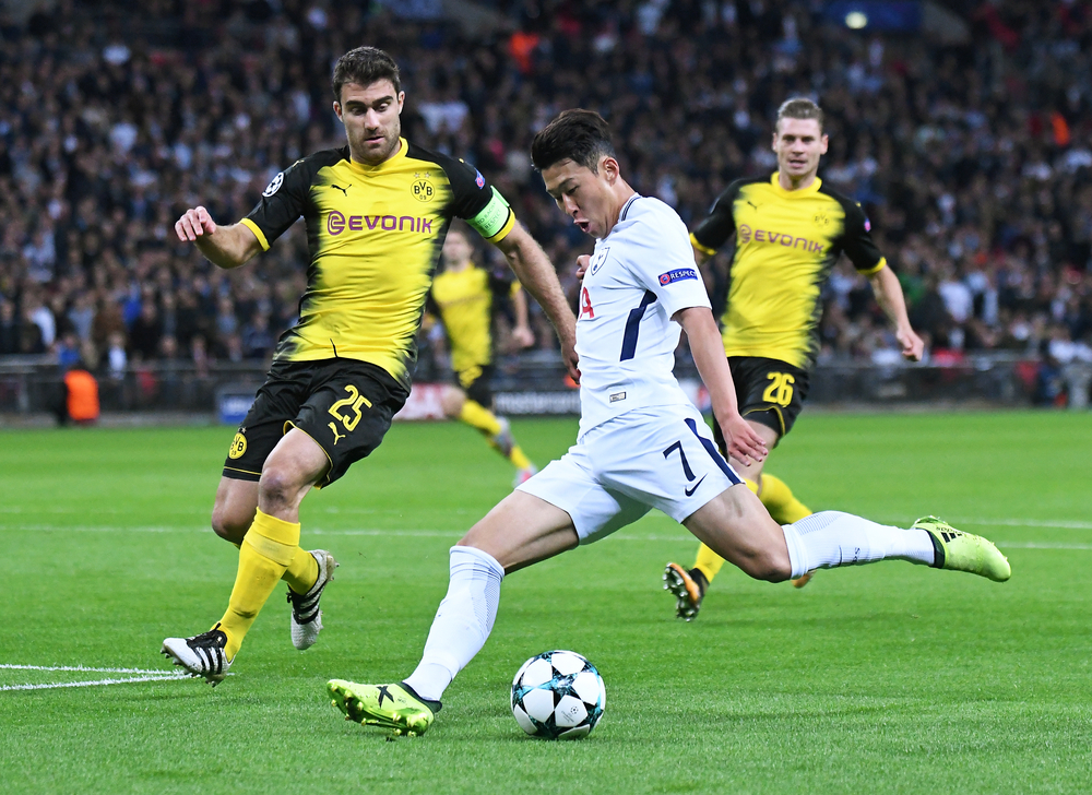 London,,Uk, ,September,13,,2017:,Sokratis,Papastathopoulos,And,Heung min,Tottenham-Dortmund