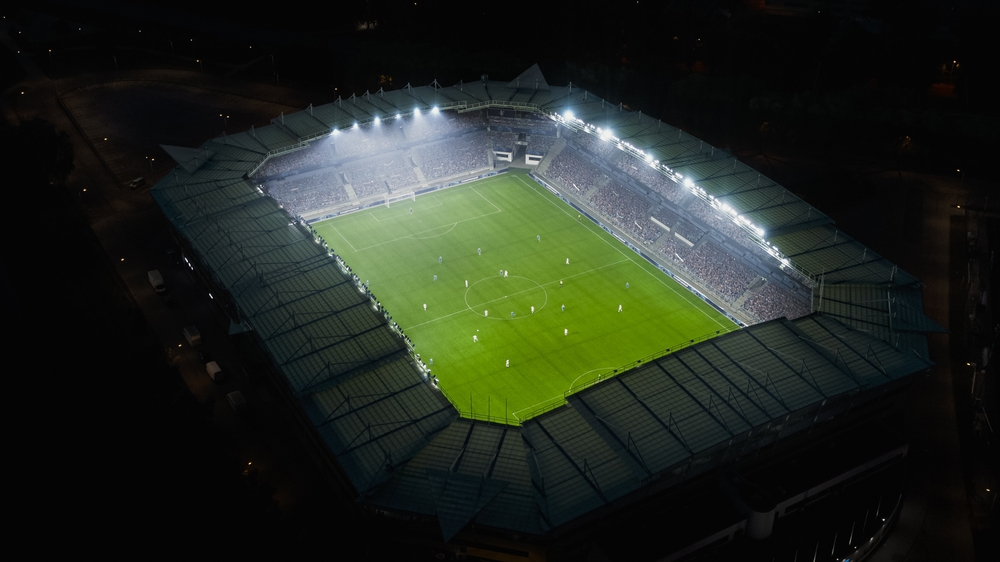 Aerial,Establishing,Shot,Of,A,Whole,Stadium,With,Soccer,Championship