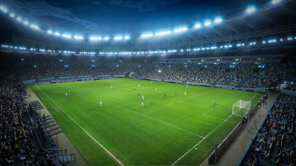 Elevated,Establishing,Shot,Of,A,Whole,Stadium,With,Soccer,Championship
