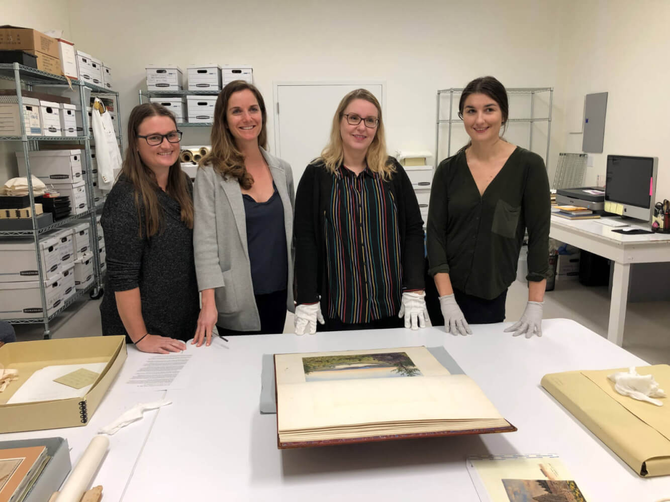 (L-R) Dr Deborah Atwood, Curator, National Museum of Bermuda (NMB); Elena Strong, Executive Director (NMB); Leeanne Westwood, Curator, Valence House Museum; Dr Zoe Brady, Conservator (NMB) at the National Museum of Bermuda.  ©Leeanne Westwood / Valence House Museum