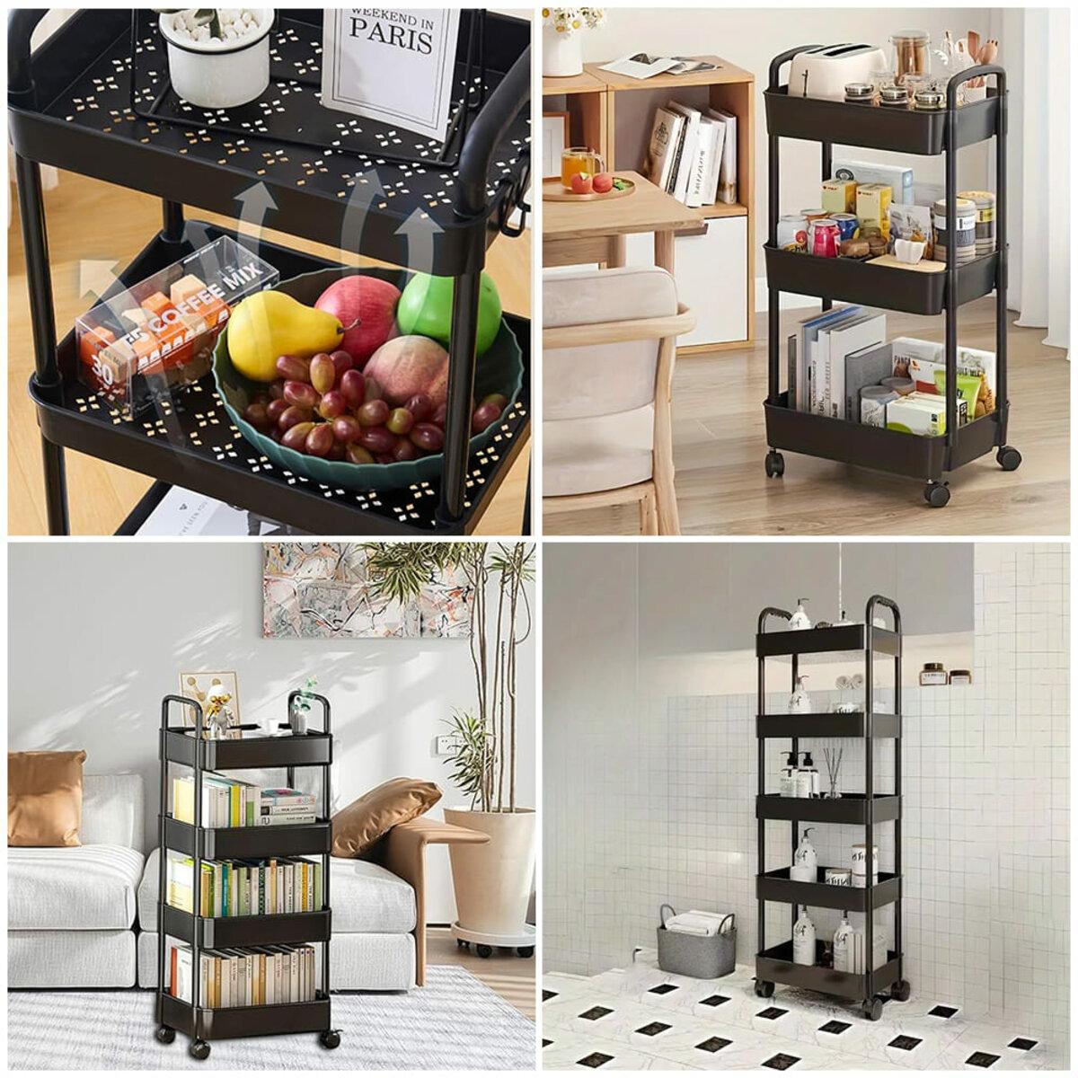 чорна мобільна пластикова етажерка на колесах 5 ярусів, деталі конструкції та комплектуючі