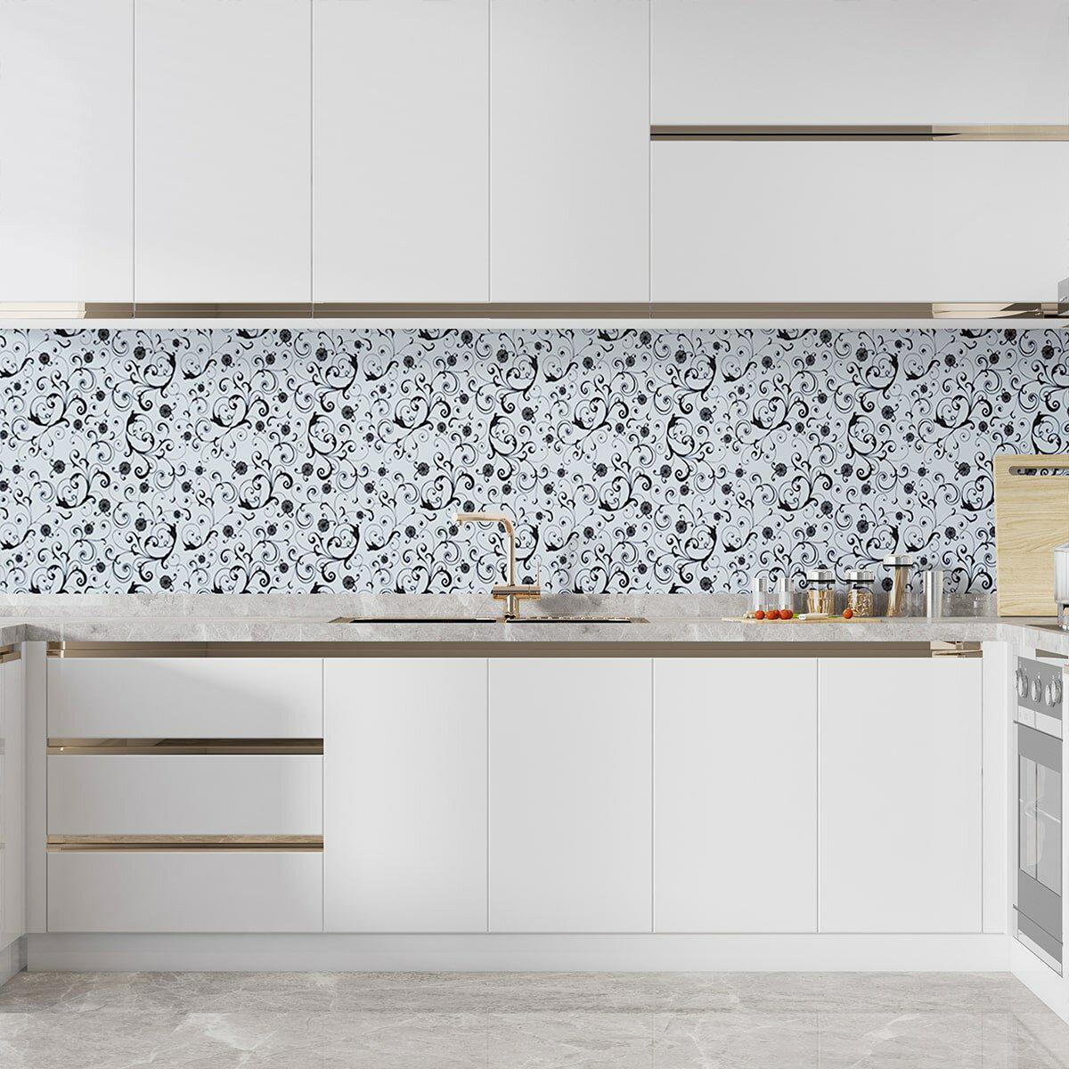 Самоклеящаяся пленка белые вензеля в интерьере — кухонный фартук, декоративная пленка для отделки мебели