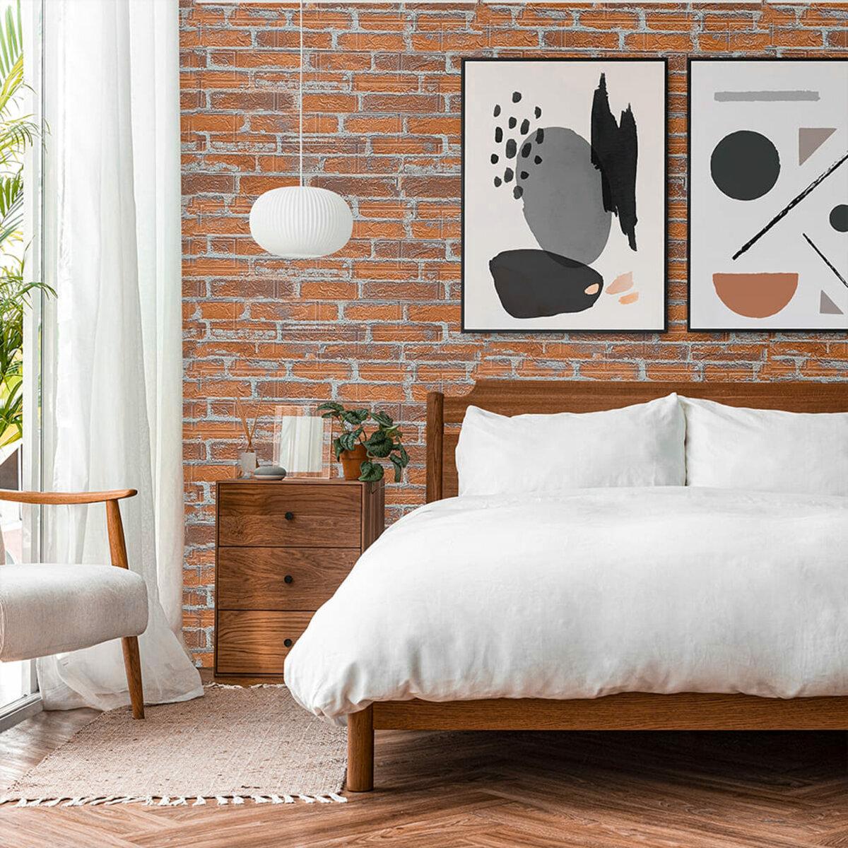 Реальная 3D панель рыжий кирпич в интерьере спальни, панель кирпичная имитация в рулоне 3080x700x3мм