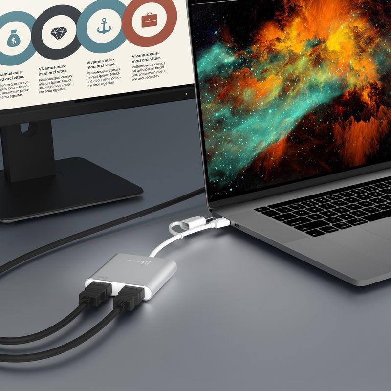 Адаптер USB-C на 2 HDMI J5create JCA365-N підключений до ноутбука та монітора