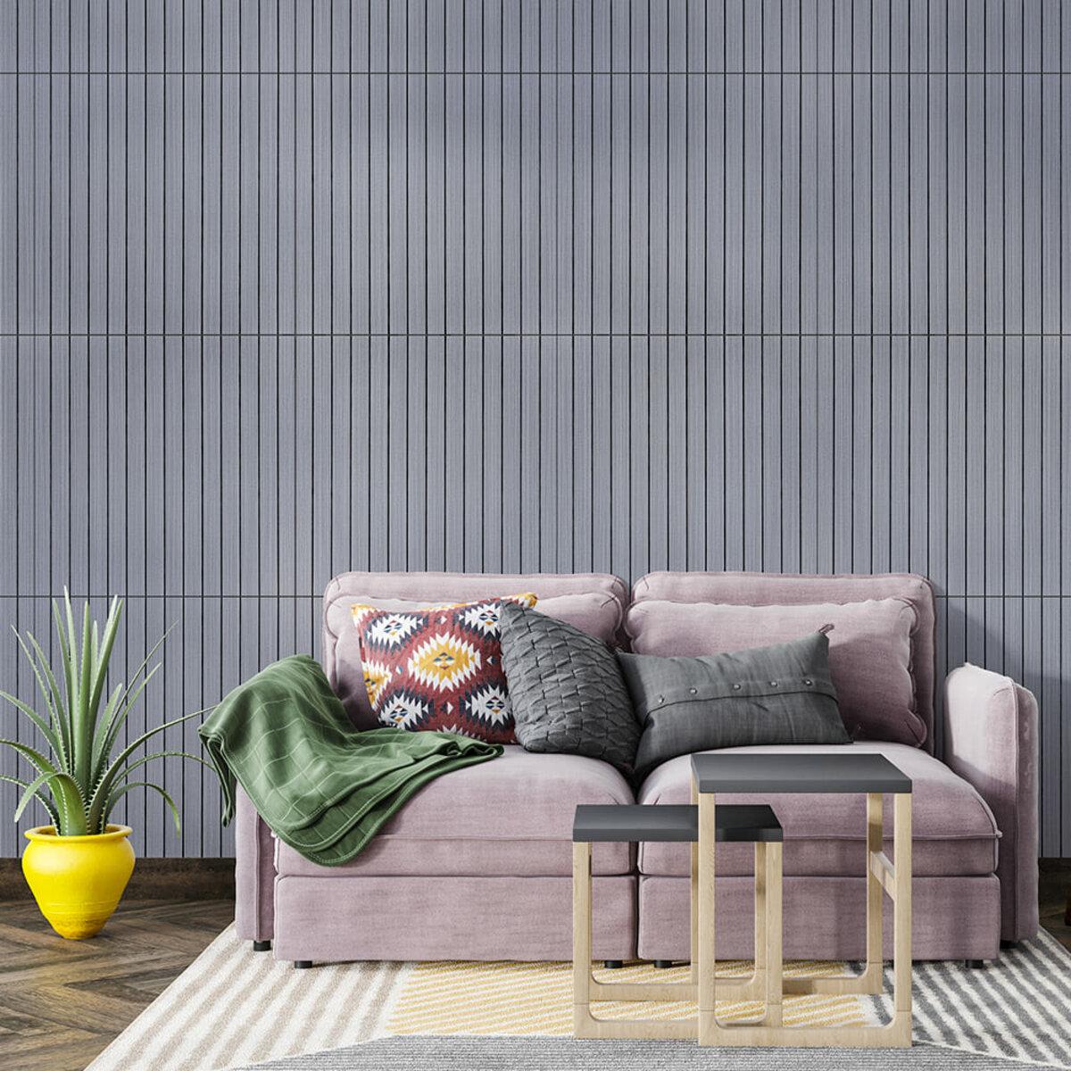 виниловые 3D рейки для стен тик седой в интерьере панель 600x600 мм