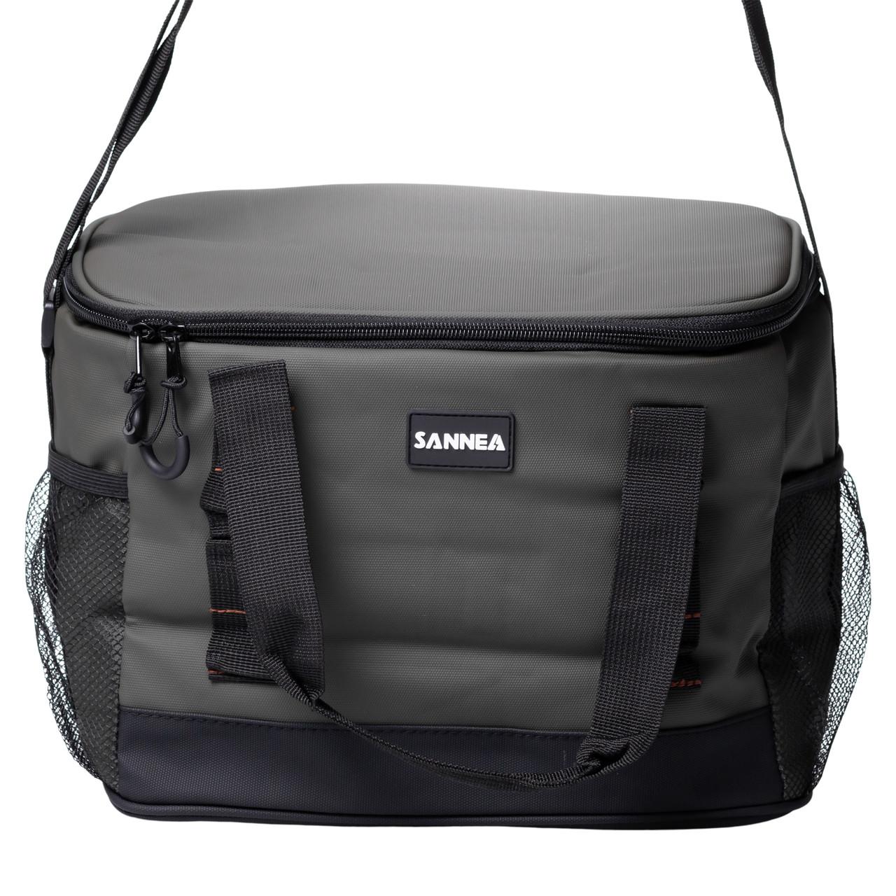 термосумка для пикника 12 л серого цвета, вид спереди с ручками и молнией